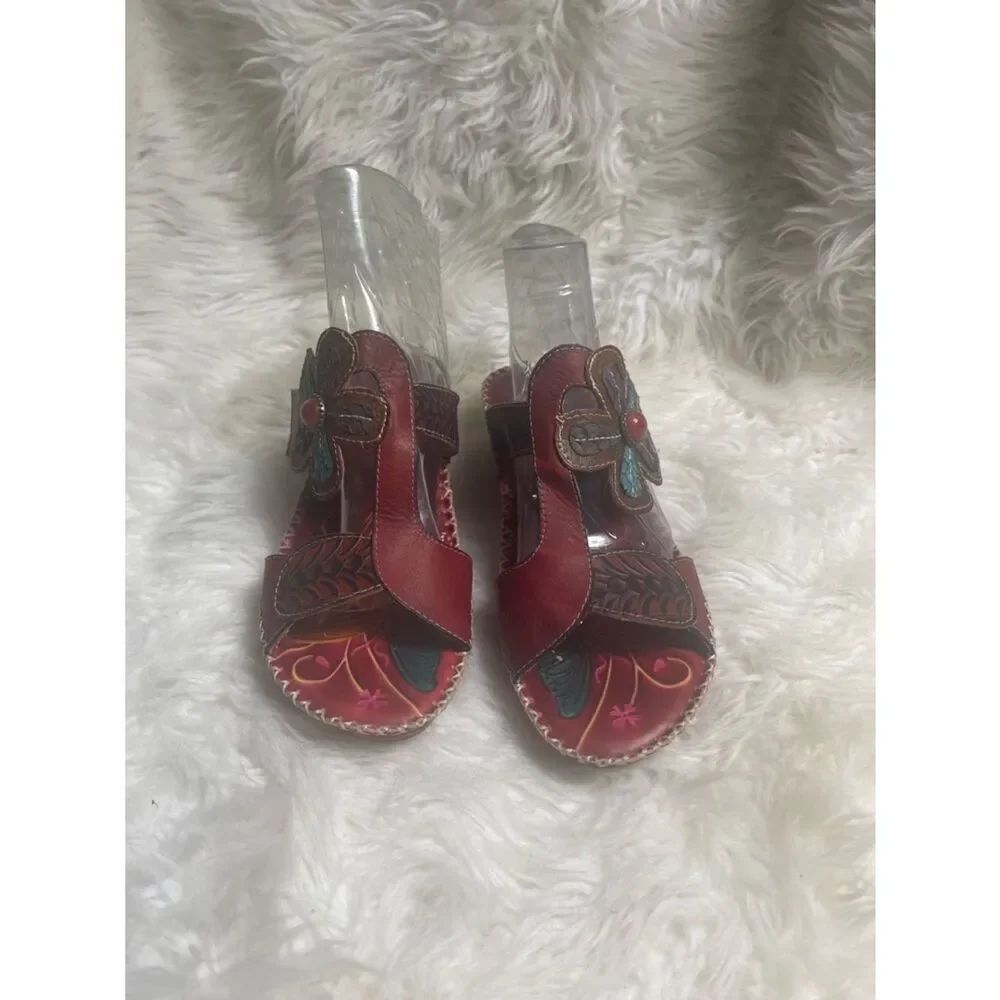 Socofy Boho Red Floral Leather Slide wedge Sandals floral appliqué EUR SZ41